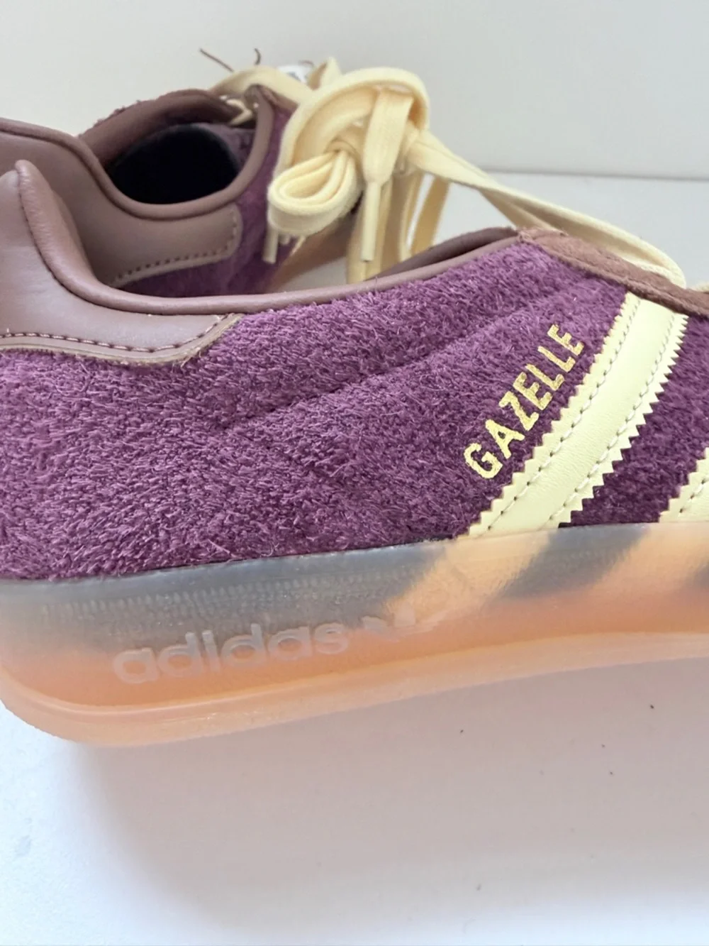 Adidas Gazelle Indoor Plum Burgundy Suede Terry Sneakers Cream Stripes - 5 US - Picture 8 of 11